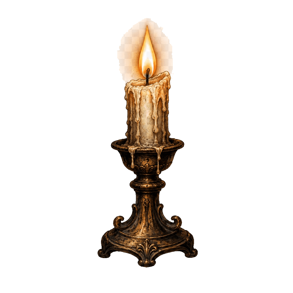 A melted candle in an ornate antique brass holder.