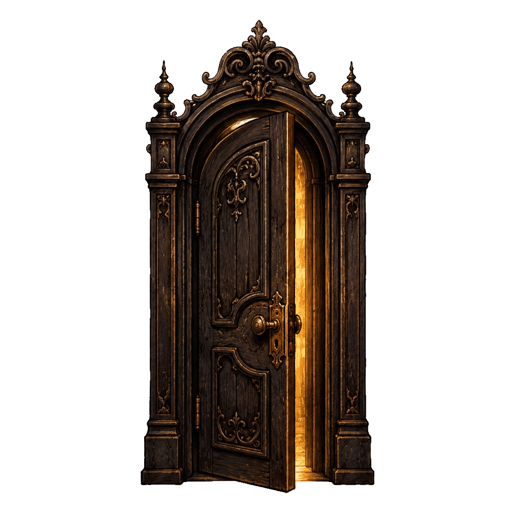 An ornate gothic door cracked open with warm light behind it.