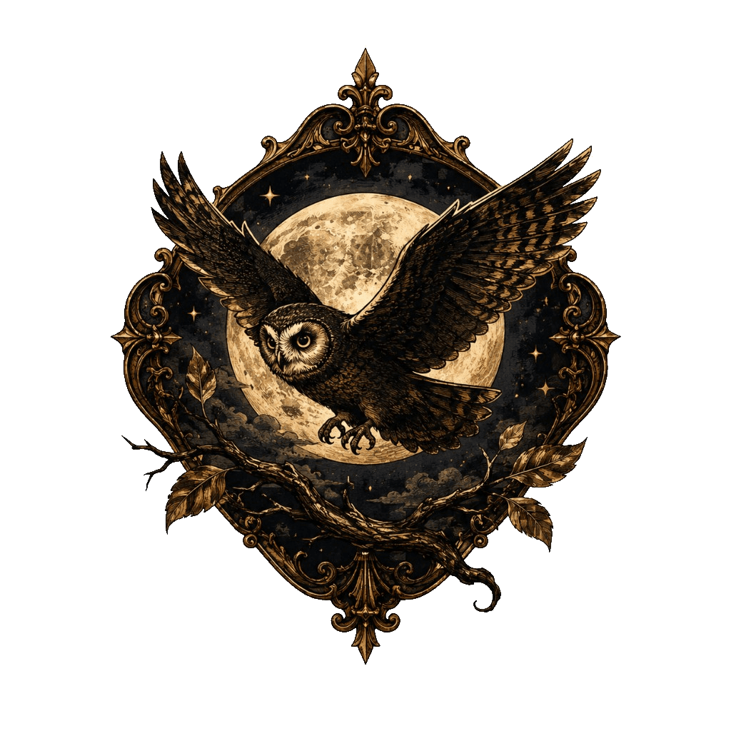 A dark owl flying across a moonlit Victorian crest.