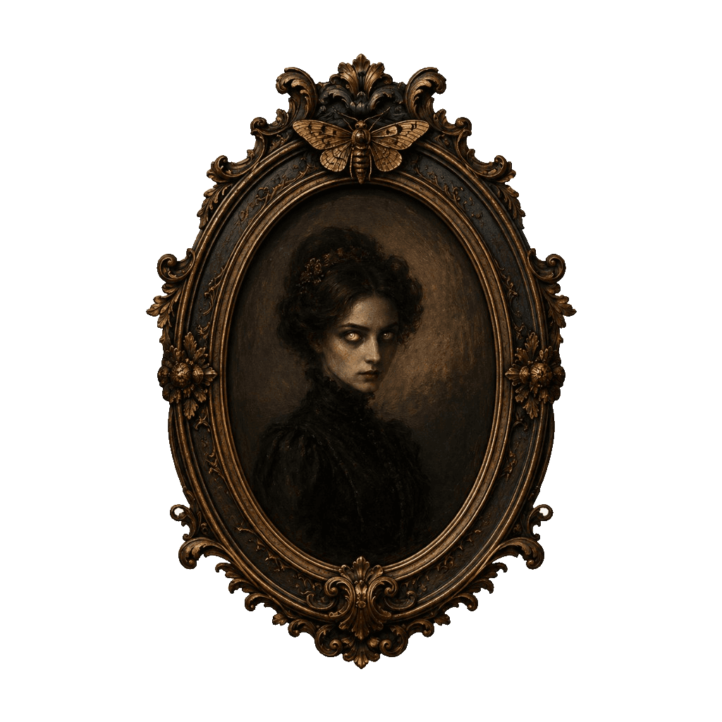 An ornate Victorian portrait with watchful glowing eyes.