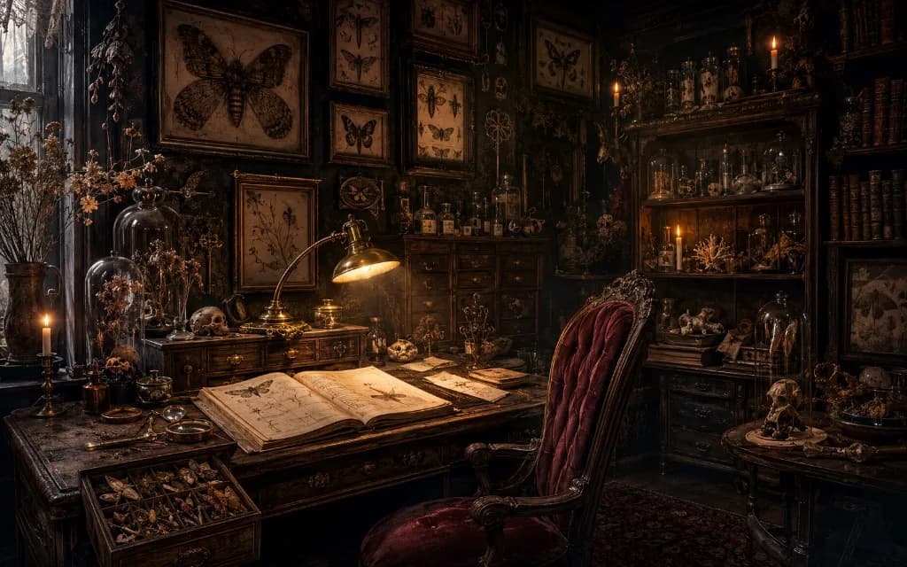 A candlelit Victorian curator's study filled with moth specimens, apothecary bottles, books, and curiosities.